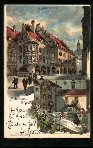Lithographie München, Münchner Hofbräuhaus mit Strassenpartie