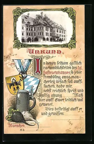 Künstler-AK Urkund - Münchner Hofbräuhaus im Hopfenrahnmen, Bierkrug, Wappen, Radi