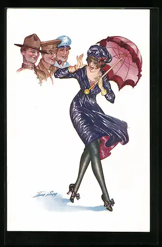 Künstler-AK Xavier Sager: Soldaten blicken auf elegante junge Dame mit Schirm
