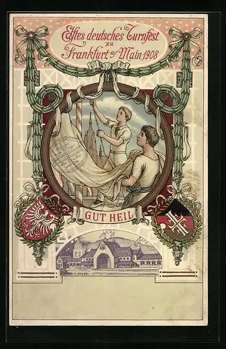 Lithographie Frankfurt a. M., Elftes Deutsches Turnfest 1908 - Gut Heil