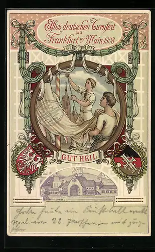 Lithographie Frankfurt a. M., Elftes Deutsches Turnfest 1908 - Turner beim Aufhängen der Fahne, Wappen