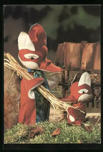 AK Fuchs und Fuchskind mit einem Strohbündel