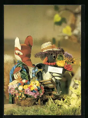 AK Fuchs und Elster mit Blumen - Geburtstagsgruss