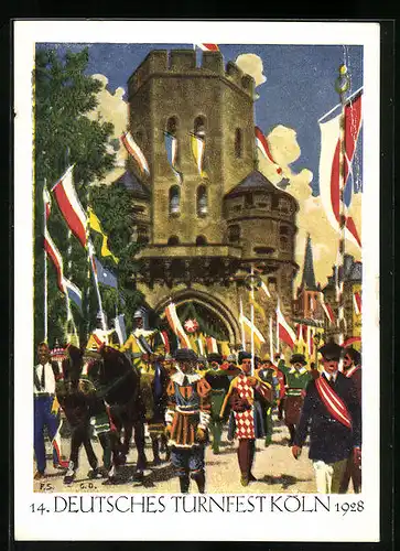 Künstler-AK Köln, 14. Deutsches Turnfest 1928, Festzug am Severinstor