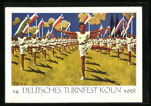 Künstler-AK Köln, 14. Deutsches Turnfest 1928, Freiübungen im Stadion