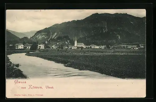 AK Kössen, Panorama des Ortes mit Fluss
