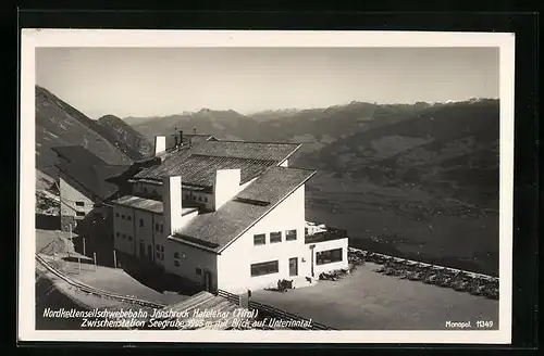 AK Innsbruck, Nordkettenseilschwebebahn Innsbruck-Hafelekar, Zwischenstation Seegrube mit Blick auf Unterinntal