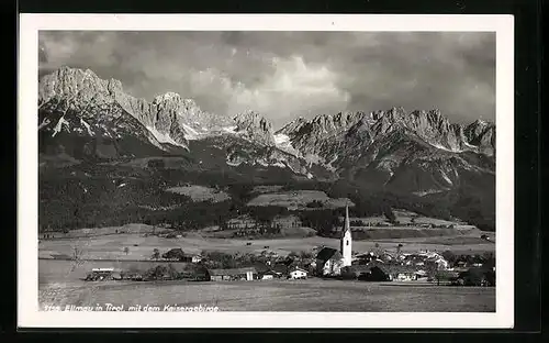 AK Ellmau, Teilansicht mit Kirche und dem Kaisergebirge