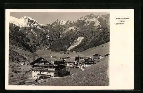 AK Bad Hintertux /Zillertal, Ortspartie mit Bergen