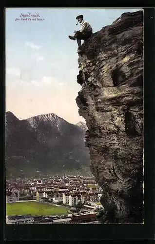AK Innsbruck, Teilansicht und Mann auf Felsen