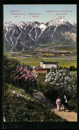 AK Innsbruck, Schloss Amras zur Blütezeit mit Hafelekarspitze, Manndispitze und Rumerspitze