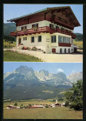 AK Ellmau, Café-Pension Wildauer mit Kirche