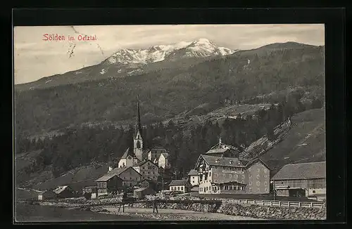 AK Sölden im Oetztal, Ortspartie mit Alpenpanorama
