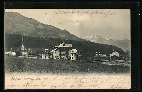 AK Fügen im Zillertal, Ortspartie mit Alpenpanorama
