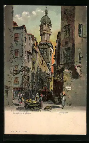 Künstler-AK Innsbruck, Strassenszene aus der Seilergasse