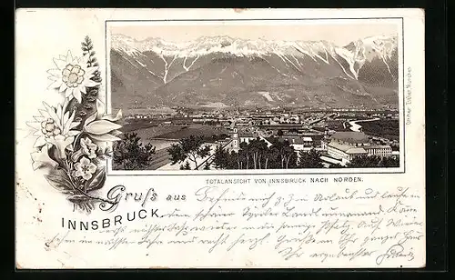 Lithographie Innsbruck, Totalansicht nach Norden mit Alpenpanorama