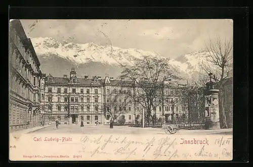 AK Innsbruck, Carl Ludwig-Platz mit Litfasssäule und Bergpanorama