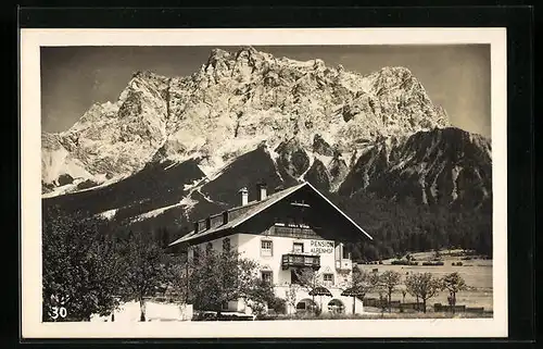 AK Ehrwald, Pension Alpenhof mit Bergpanorama