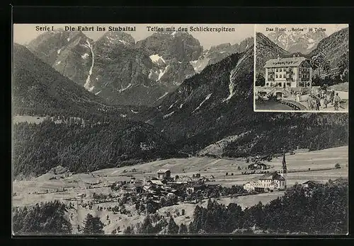 AK Telfes, Ortsansicht mit den Schlickerspitzen und Hotel Serles