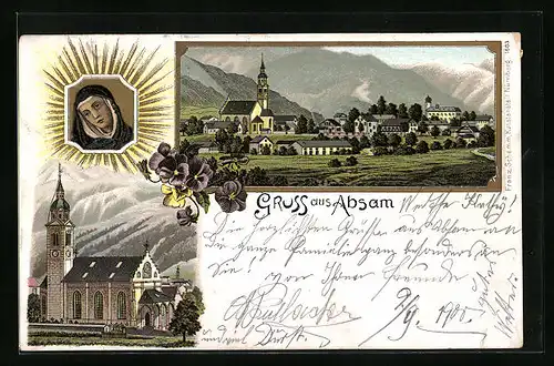 Lithographie Absam, Ortsansicht mit Kirche und Marienbildnis