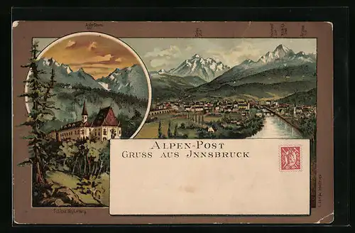 AK Innsbruck, Ortsansicht aus der Vogelschau und Schloss Weyherburg