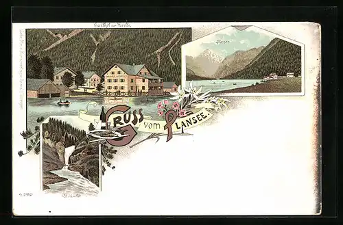 Lithographie Plansee, Gasthof zur Forelle und Stuibenfall