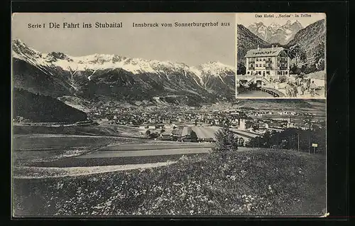 AK Innsbruck, Ortsansicht vom Sonnenburgerhof aus, Hotel Serles in Telfes