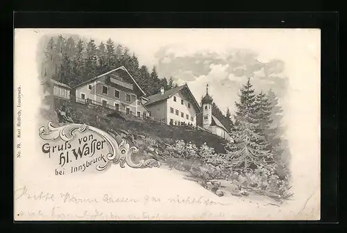 Lithographie Heiligwasser, Ortsansicht mit Kirche