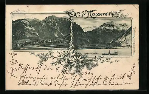 Lithographie Nassereith, Ortsansicht aus der Vogelschau und Nassereither See mit Ruderpartie