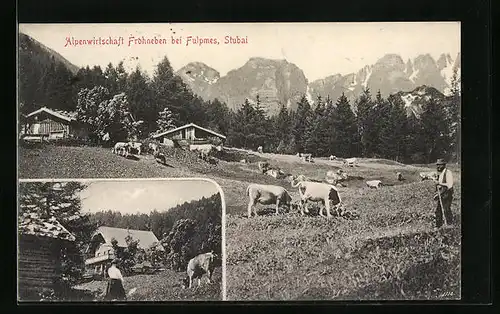 AK Fulpmes, Alpenwirtschaft Frohneben mit grasenden Kühen