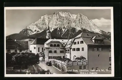 AK Lermoos, Hotel Post und Blick auf die Zugspitze