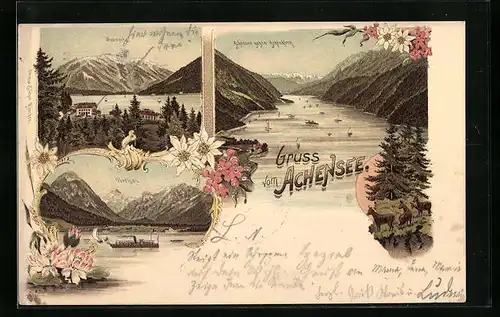 Lithographie Pertisau, Ort und Alpenpanorama, Seespitz, See gegen Achenkirch