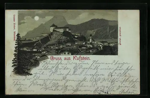 Mondschein-Lithographie Kufstein, Panorama mit Ort, Schloss und Gebirge