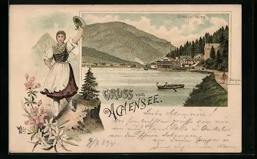 Lithographie Achenkirch, Scholasticka am Ufer des Achensees