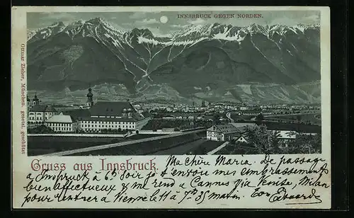 Mondschein-Lithographie Innsbruck, Stadtansicht gegen Norden