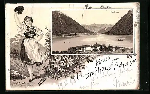 Lithographie Pertisau, Fürstenhaus mit Blick über den Achensee, Tiroler Tracht