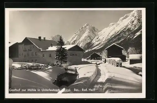 AK Unterleutasch, Gasthof zur Mühle im Winter
