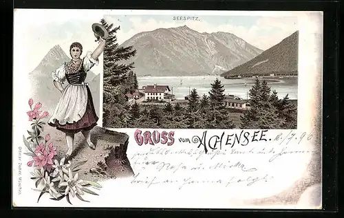 Lithographie Seespitz /Achensee, Gebäude am Ufer, Tiroler Tracht