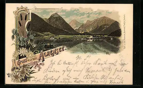Lithographie Jenbach /Achensee, Häuser am Ufer