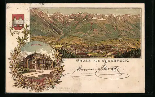 Lithographie Innsbruck, Stadtsäle, Gesamtansicht mit Gebirge, Wappen