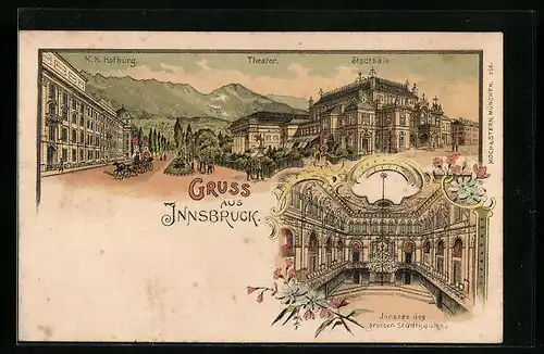 Lithographie Innsbruck, Stadtsäle, Theater und K. K. Hofburg