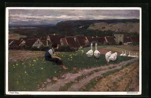 Künstler-AK Paul Hey: Gänsehüterin am Stadtrand