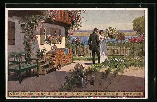 Künstler-AK Paul Hey: Sommer - Paar im Garten mit Rosen