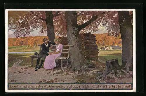 Künstler-AK Paul Hey: Herbst - Stelldichein auf einer Bank