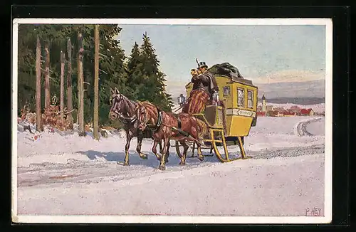 Künstler-AK Paul Hey: Postkutsche mit Posthornbläser im Schnee