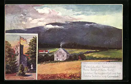 Künstler-AK Czorneboh, Ortsansicht mit Berg, Aussichtsturm
