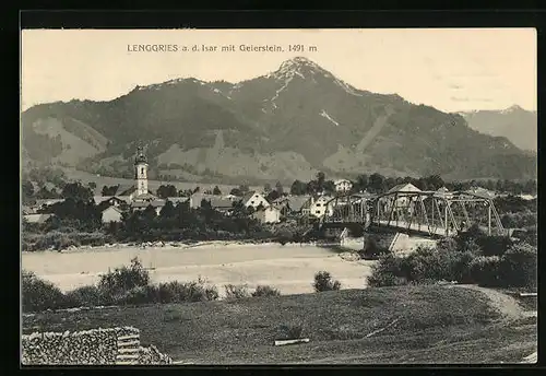 AK Lenggries a. d. Isar, Uferpartie mit Brücke und Geierstein