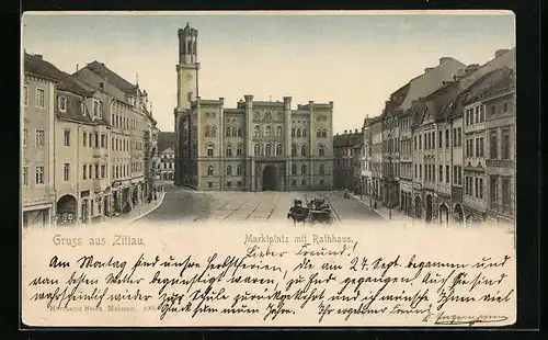 AK Zittau, Marktplatz mit Geschäften und Rathaus