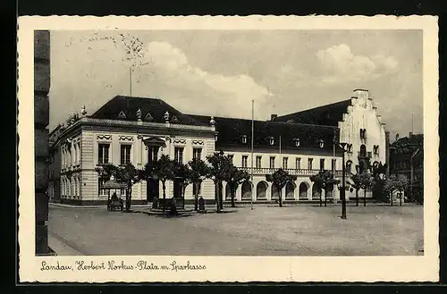 AK Landau, Herbert Norkus-Platz mit Sparkasse