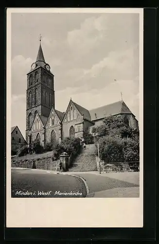 AK Minden i. W., Marienkirche mit Strassenpartie